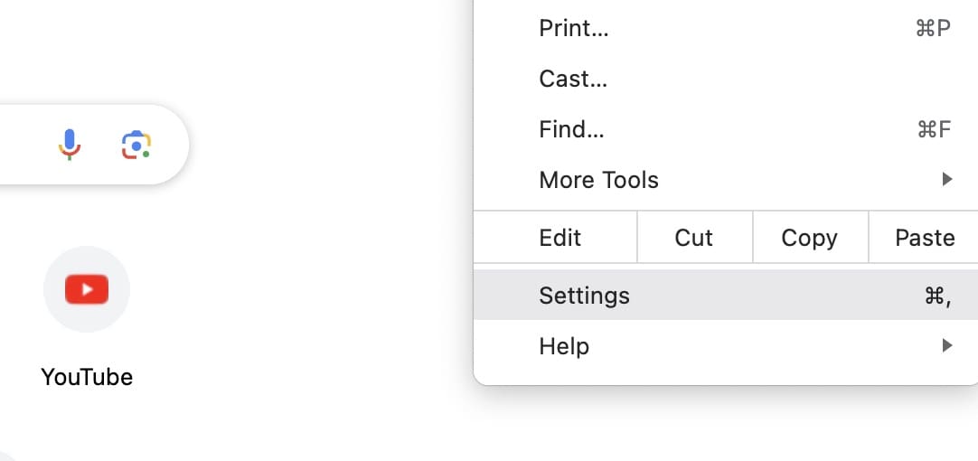Settings tab on Chrome