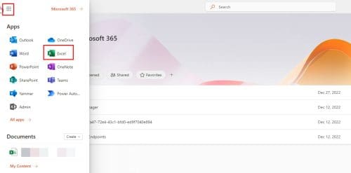 Accessing Excel from App launcher on Microsoft 365
