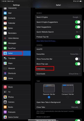 Accessing Safari extensions from iPad Settings