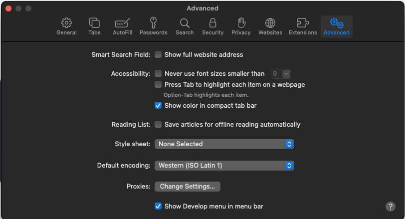 Activate developer menu on Safari