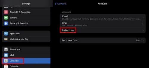 Add Account iPad Contacts