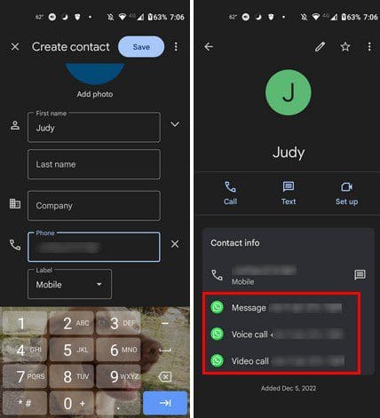 Save own WhatsApp contact