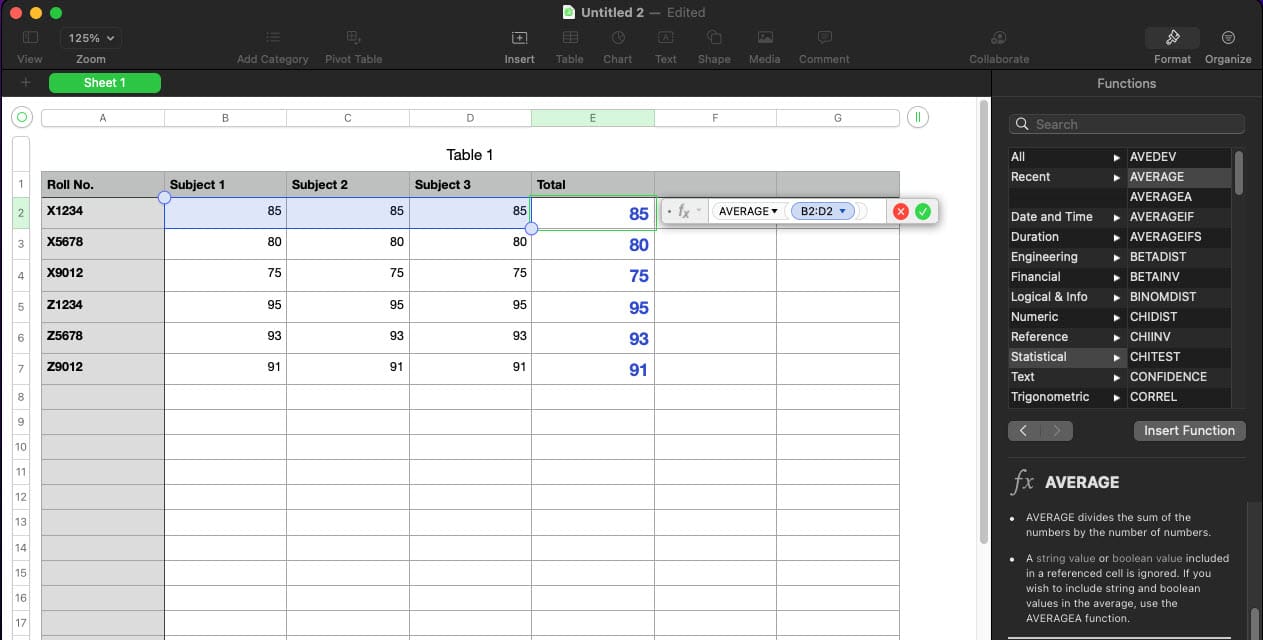 Adding formula in a table