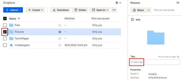 Adding tags Dropbox folder