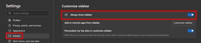 Always show sidebar Edge
