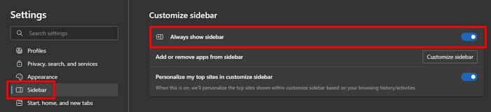 Always show sidebar option on Edge