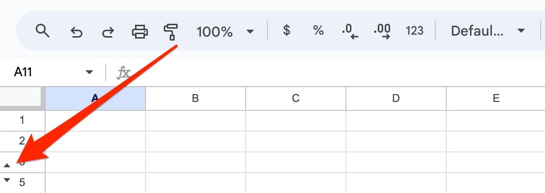 Arrows for hidden rows in Google Sheets