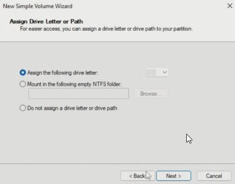 Assigning a drive letter for the new SSD disk