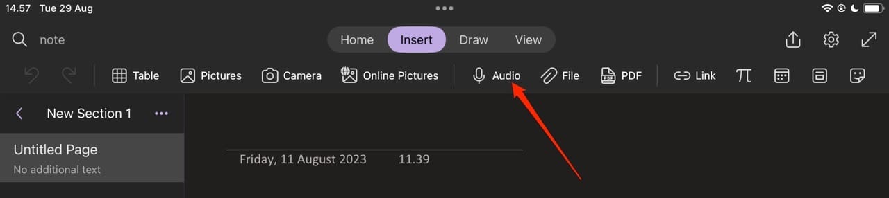 Audio Tab in OneNote Mobile App