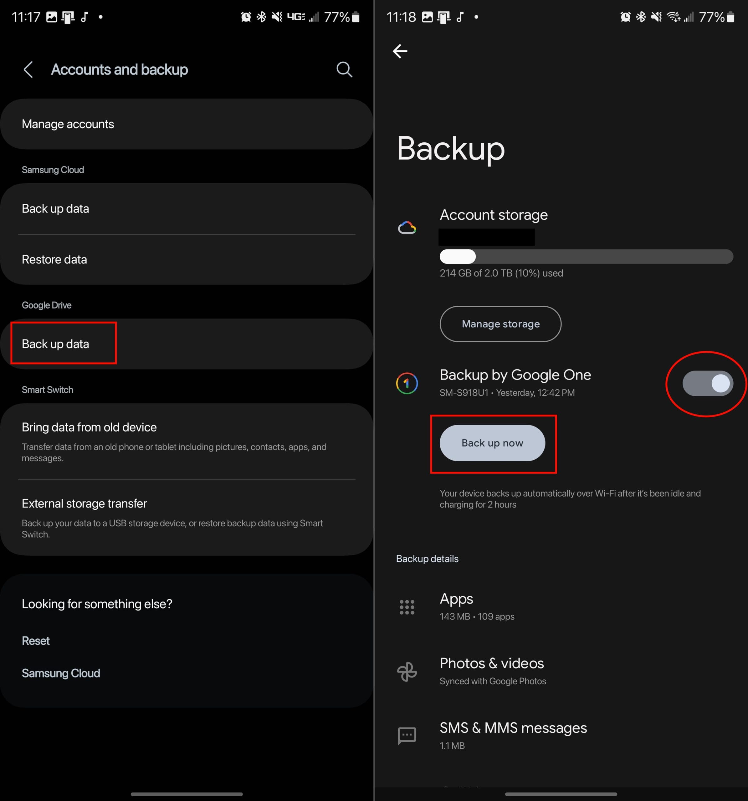 Back up Galaxy S23 via Google Drive