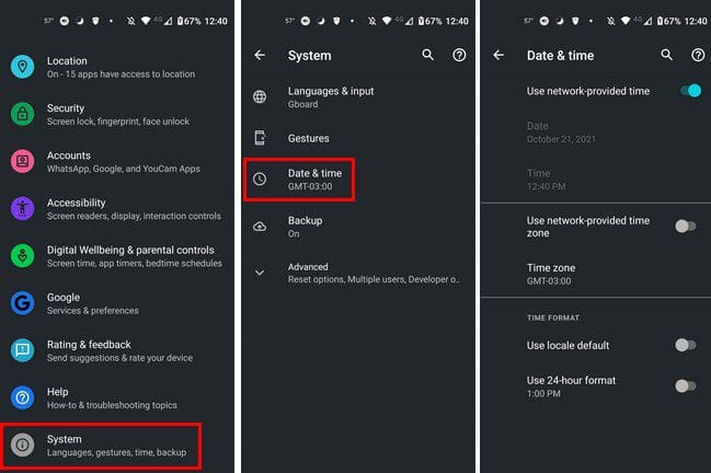 Change time and date Android 11
