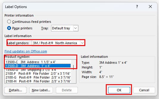 Choose mailing label vendor and product code on Word Mail Merge