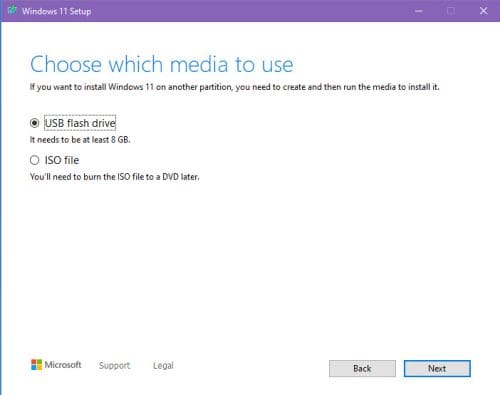 Choose media page of media creation tool