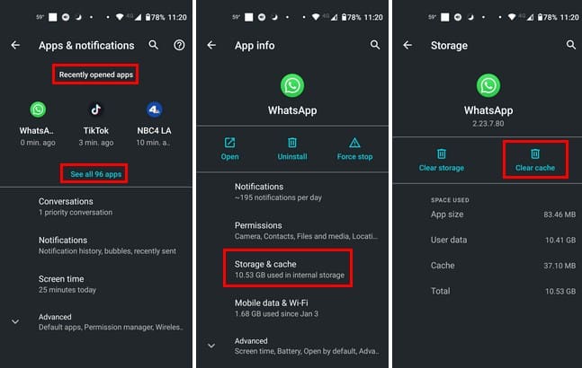 Clearing cache WhatsApp
