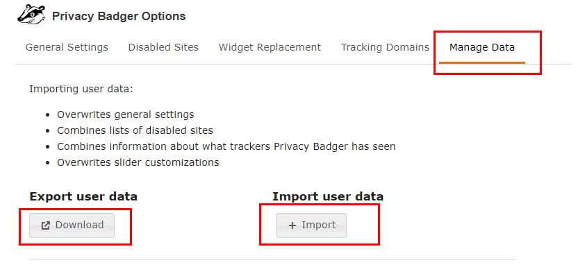 Data export and import on Privacy Badger Chrome