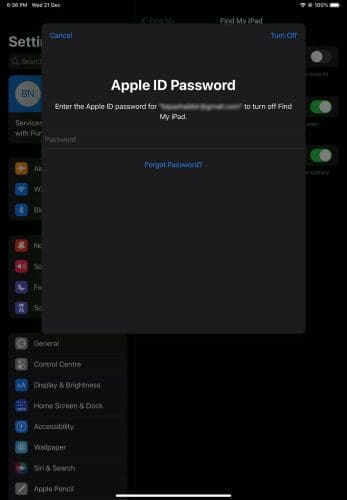 Deactivating Find My by supplying the Apple ID Password