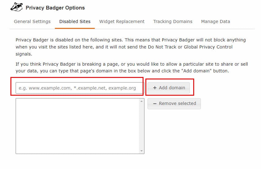 Disabled sites on Privacy Badger Chrome