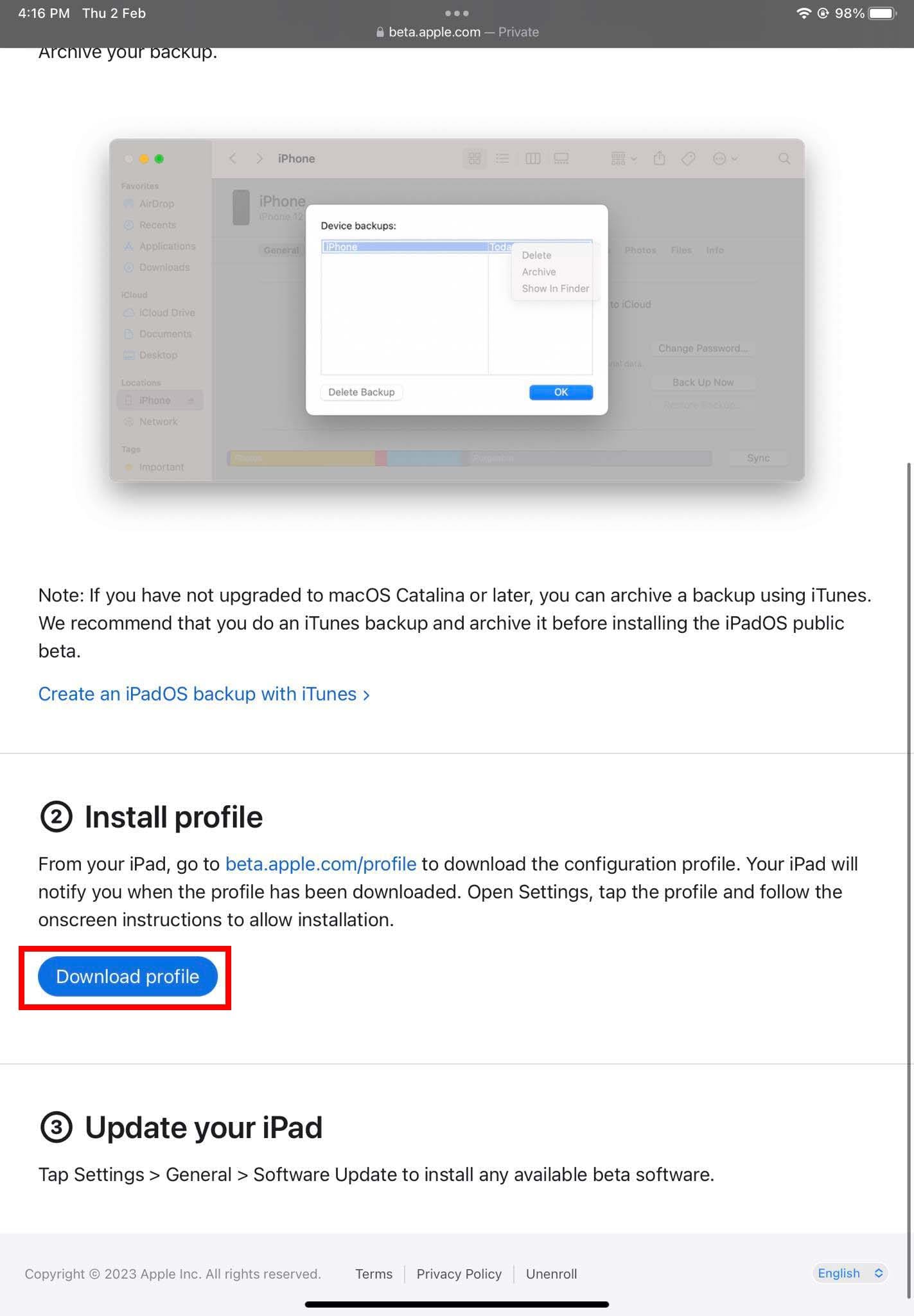 Download profile from Apple public beta program website