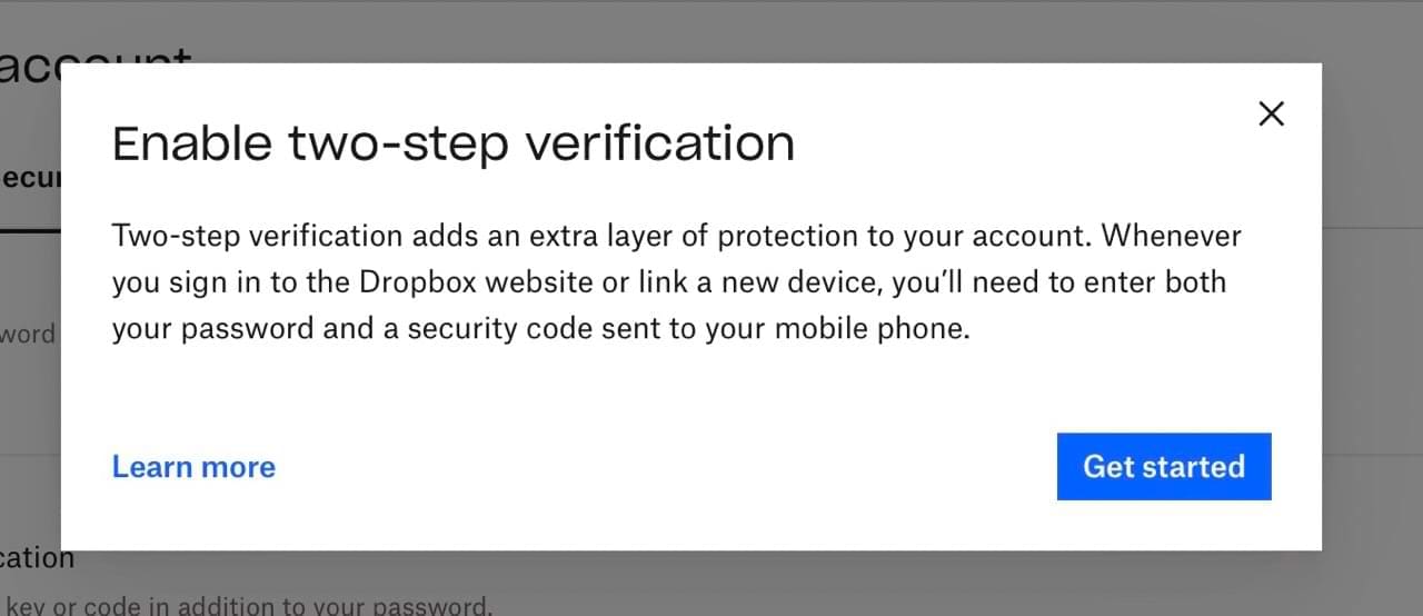 Pop-up window asking you to enable 2FA in Dropbox