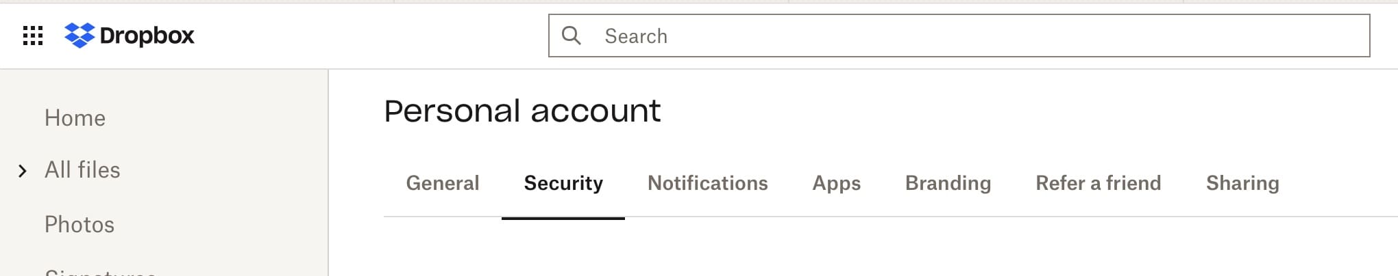 The Security tab on Dropbox