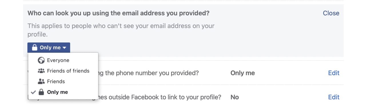 Dropdown menu to edit FB Contact Settings