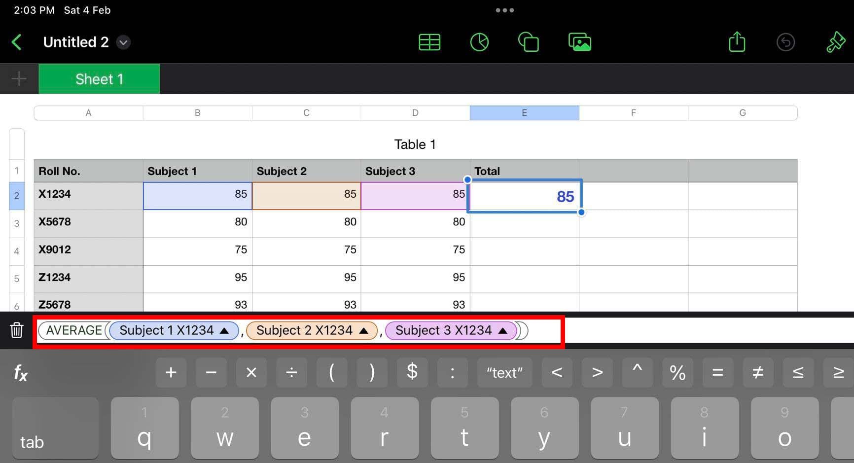 Entering formula in Numbers iPad