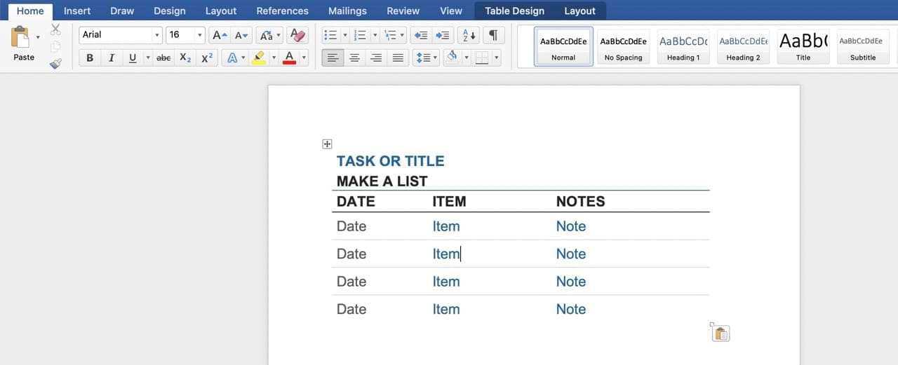 A sheet from Microsoft Excel pasted in a Word document