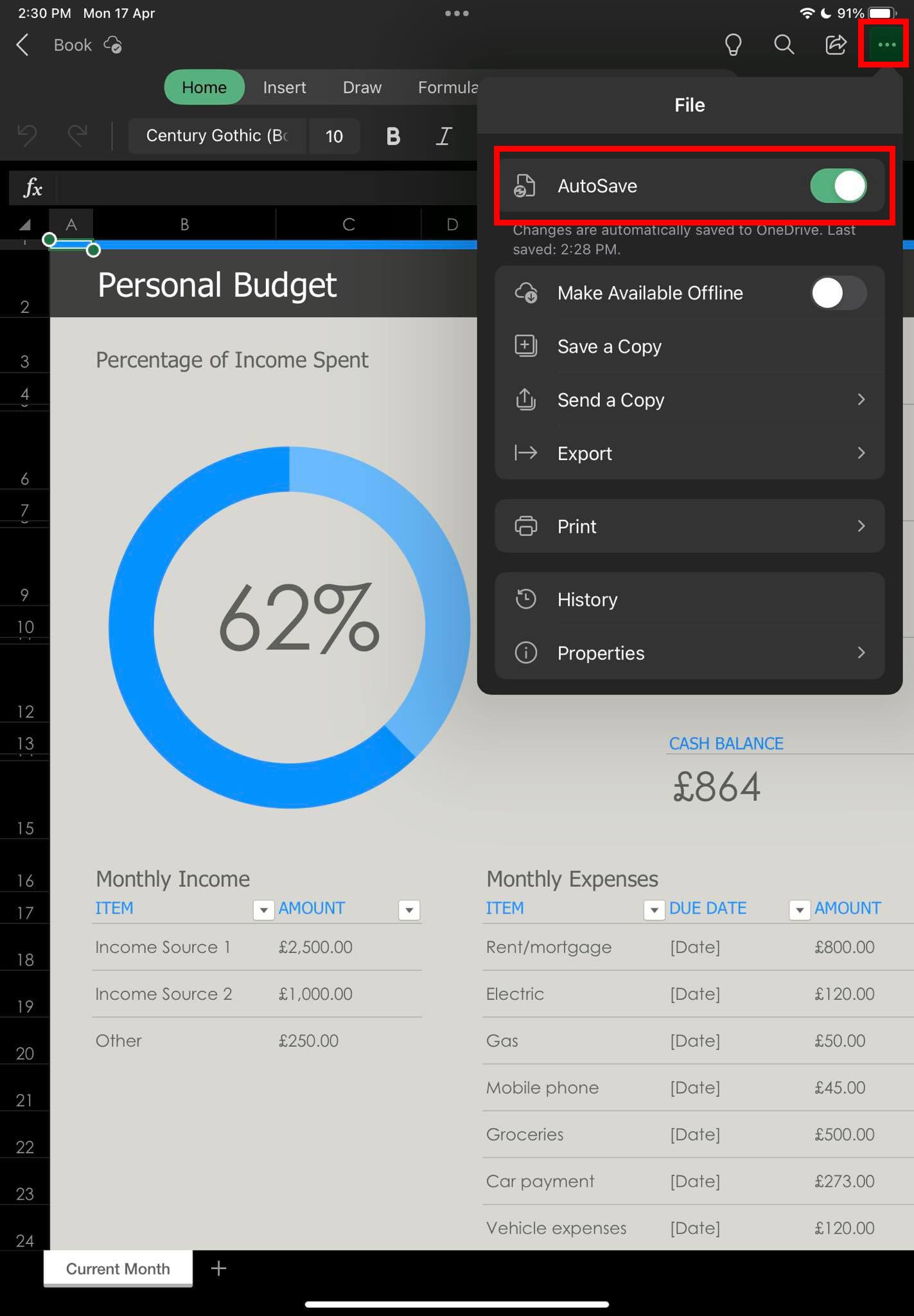 Find out how to turn on AutoSave in Excel on iPad