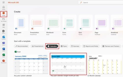 Getting Excel calendar template 2023 from Create tab of Microsoft 365