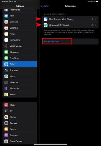 Getting extensions for Safari on iPad