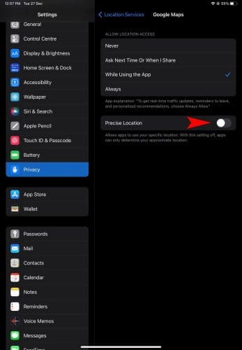 Google Maps location services settings