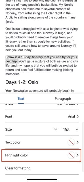 Choose the Highlight Color option in Google Docs