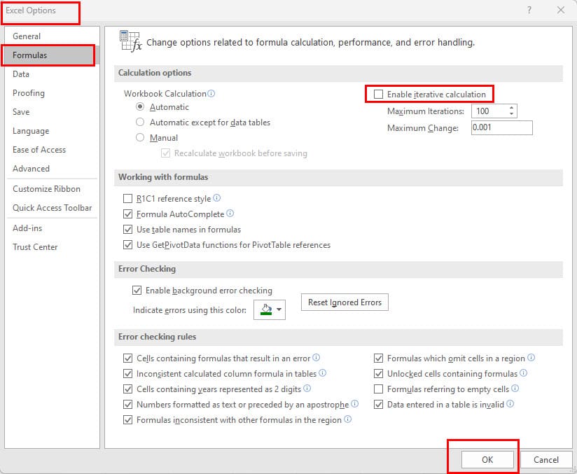 How to deactivate iterative calculation in Excel