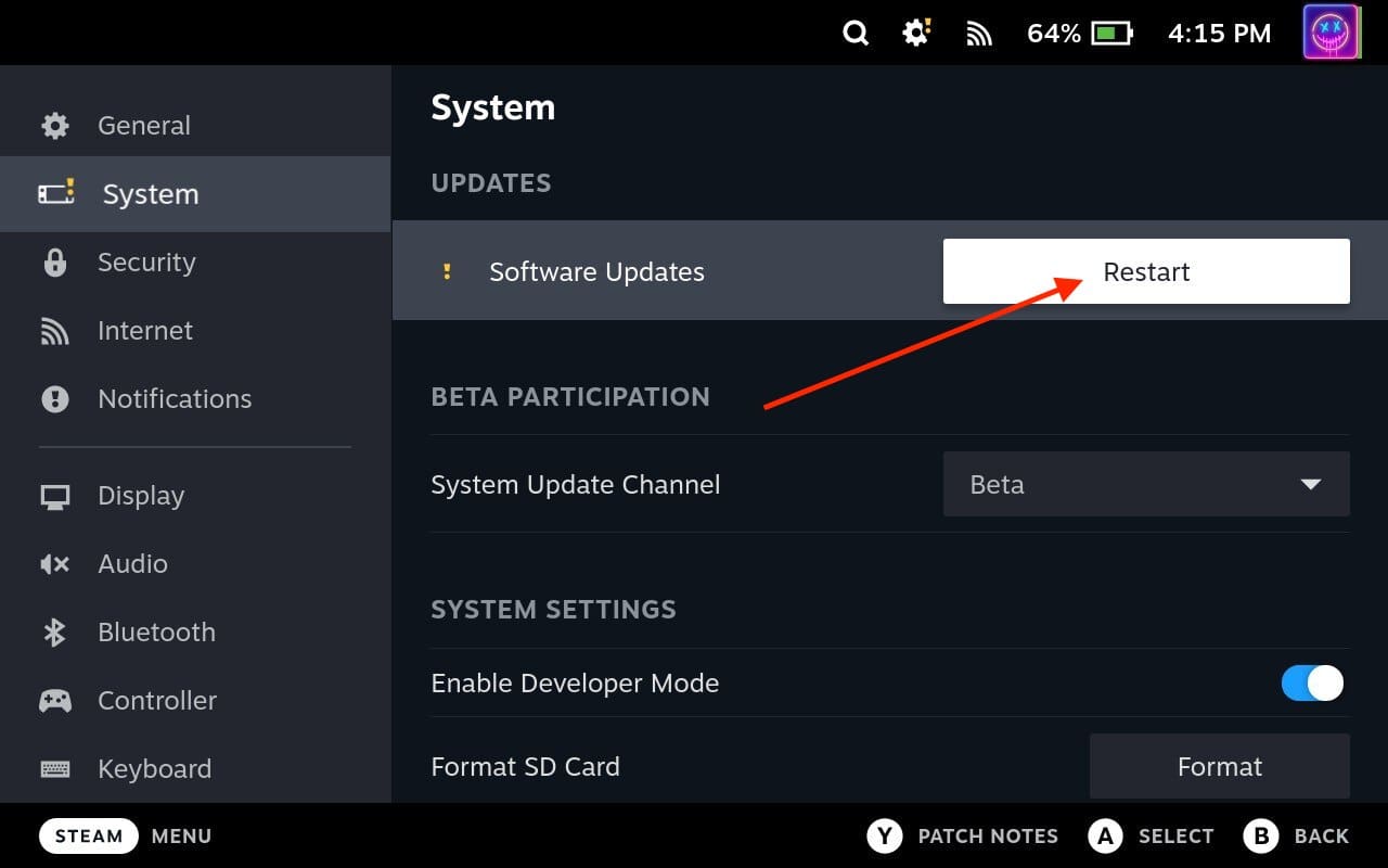 How to update Steam Deck - Restart