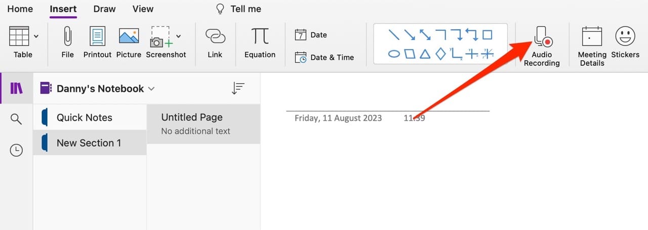 Insert and Audio Recording Tab on OneNote Screenshot