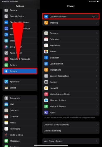 iPad Settings Privacy