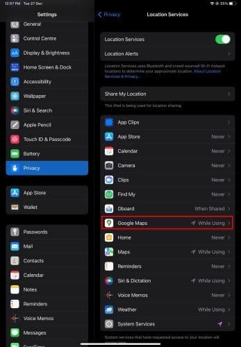 Location services in Privacy section