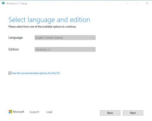 Media creation tool select language