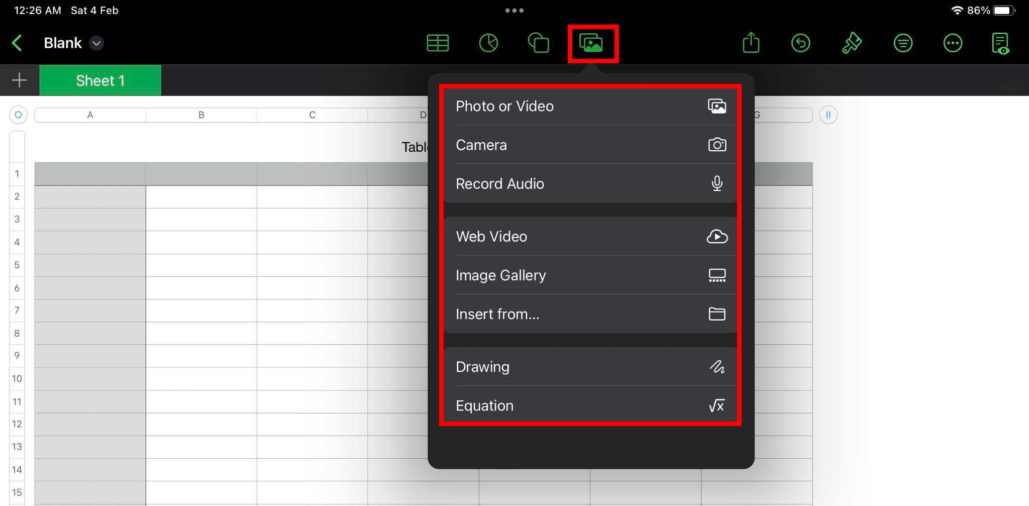 Media menu on Numbers iPad