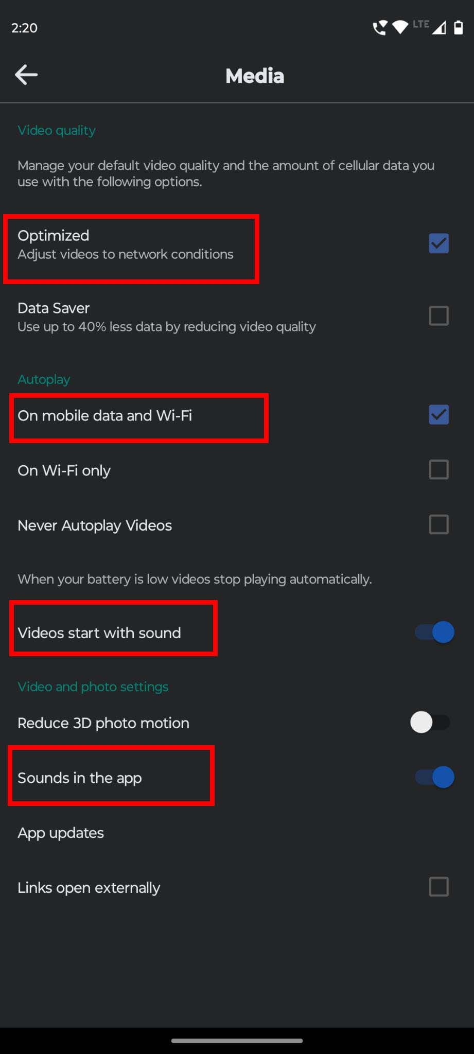 Media settings in Preferences of Facebook app Android