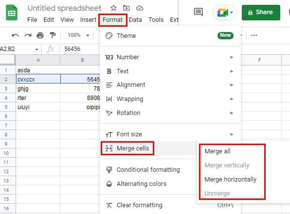 Google Sheets Merge Cells