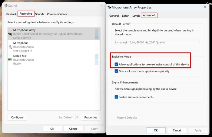 Mic properties in Windows 11