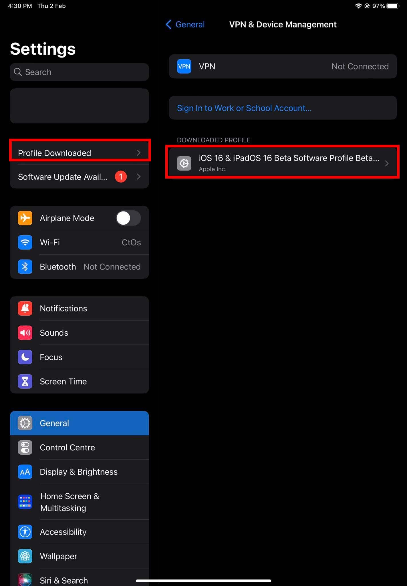 New notification on the Profile Downloaded option