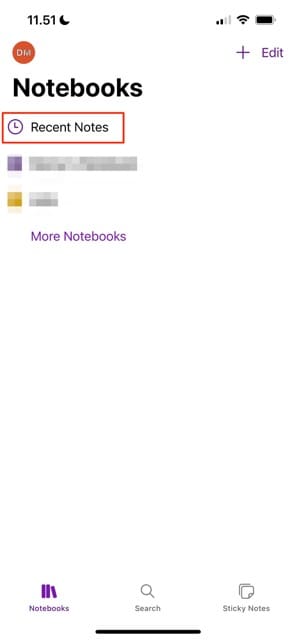 Access recent notes in OneNote on the mobile app