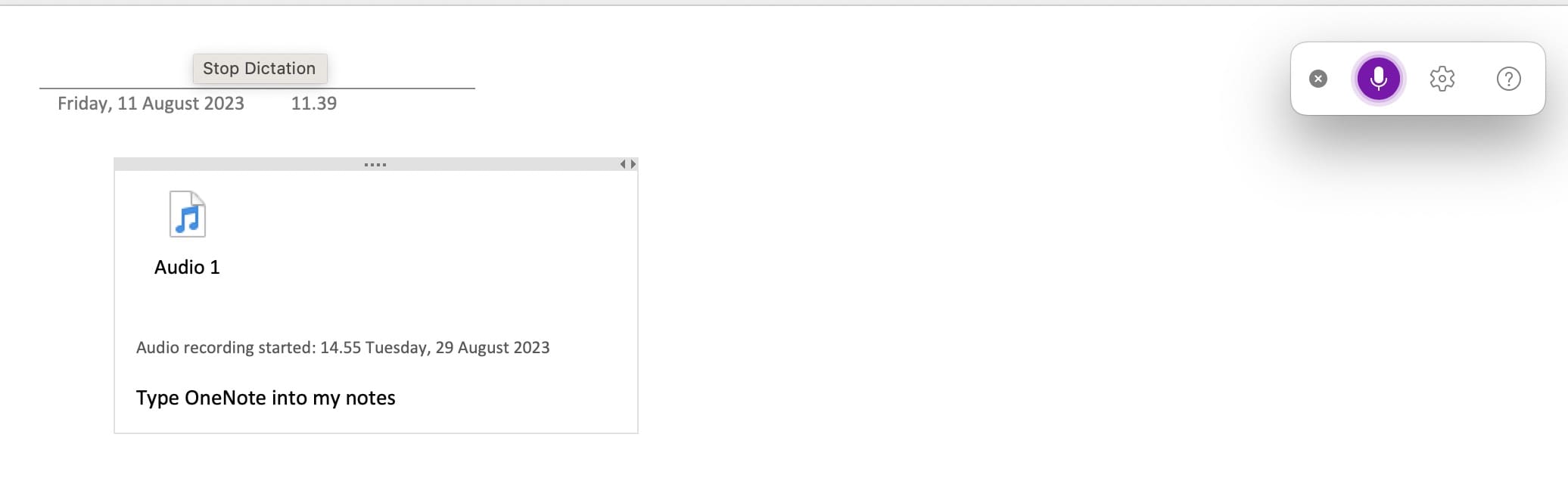 OneNote Dictation Recording Screenshot
