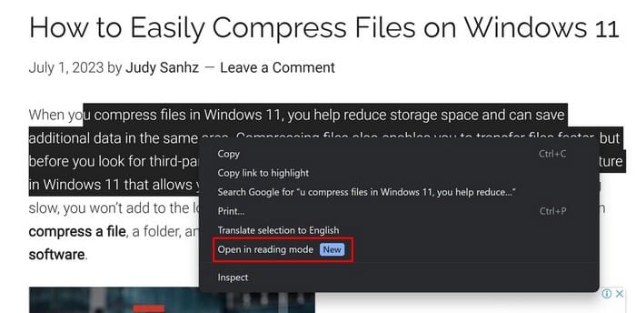 Open in Reading Mode option in Chrome