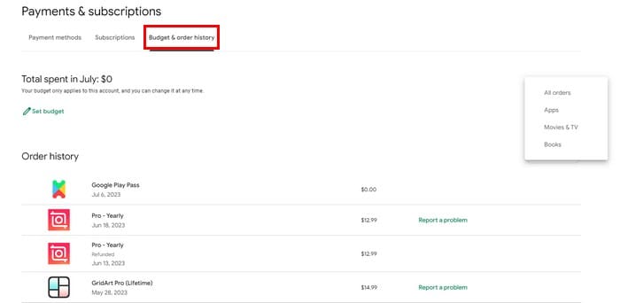 Order history for Google Play