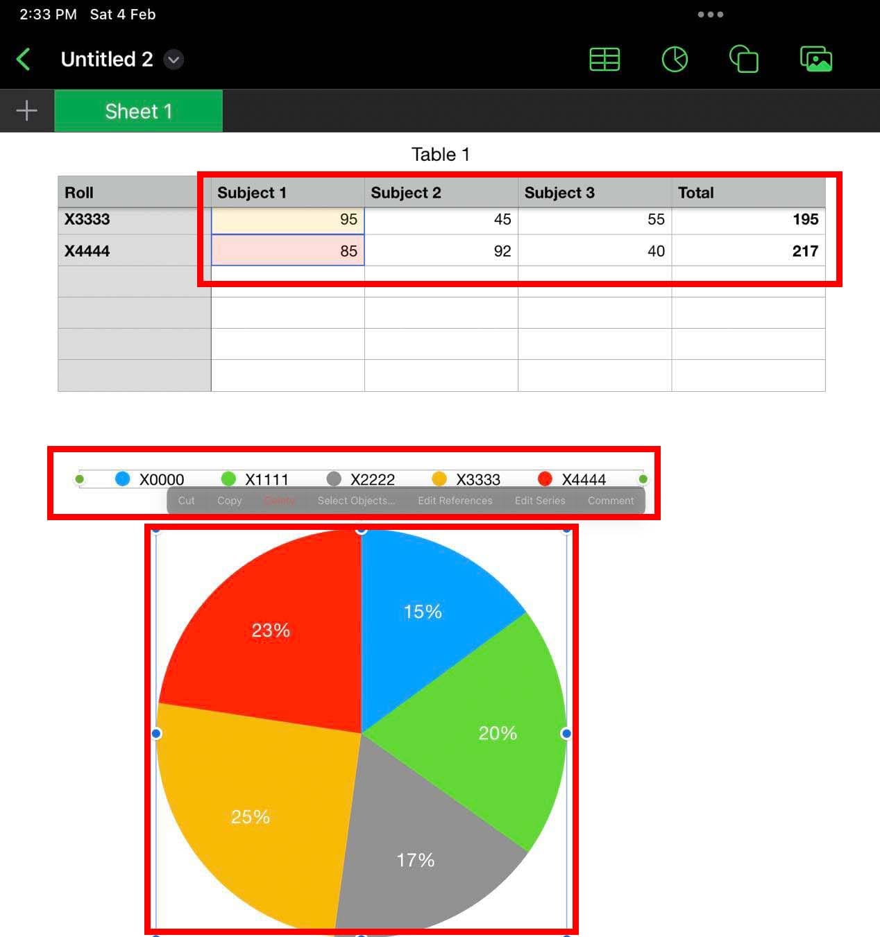 Pie chart on iPad Numbers