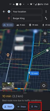 A pinned Google Maps route