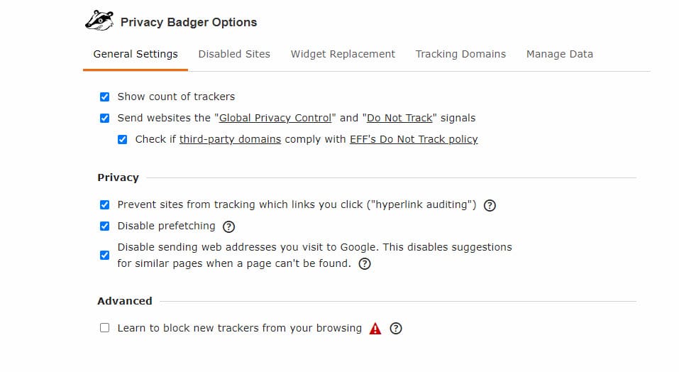 Privacy Badger Options